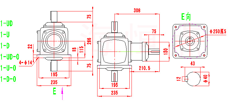 T8轉向器外型尺寸圖(1-UD,1-U,1-D等)