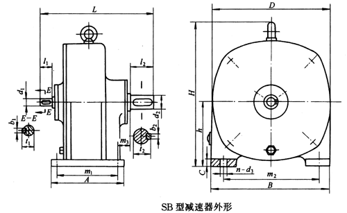 SB系列雙擺線針輪減速機外形及安裝尺寸、針齒中心圓直徑及傳動比